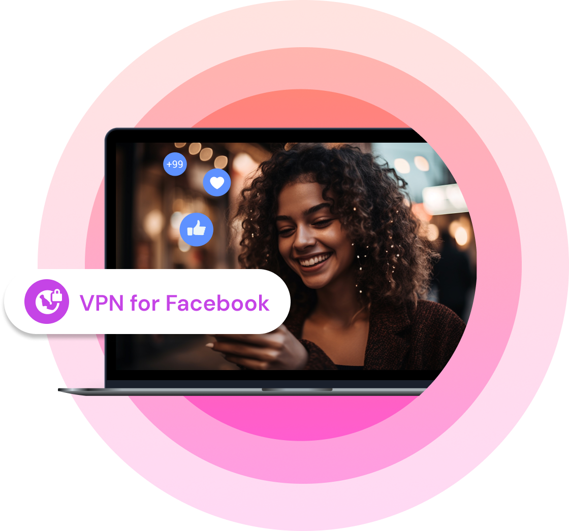 Woman smiling at her phone with Facebook reactions floating on screen, representing the use of a VPN for secure and unrestricted access to Facebook.